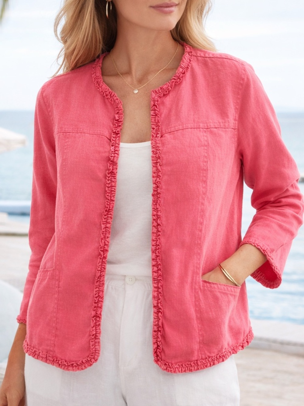 Choices Linen Open Front Jacket Pink Ruffle Trim Lightweight Size M